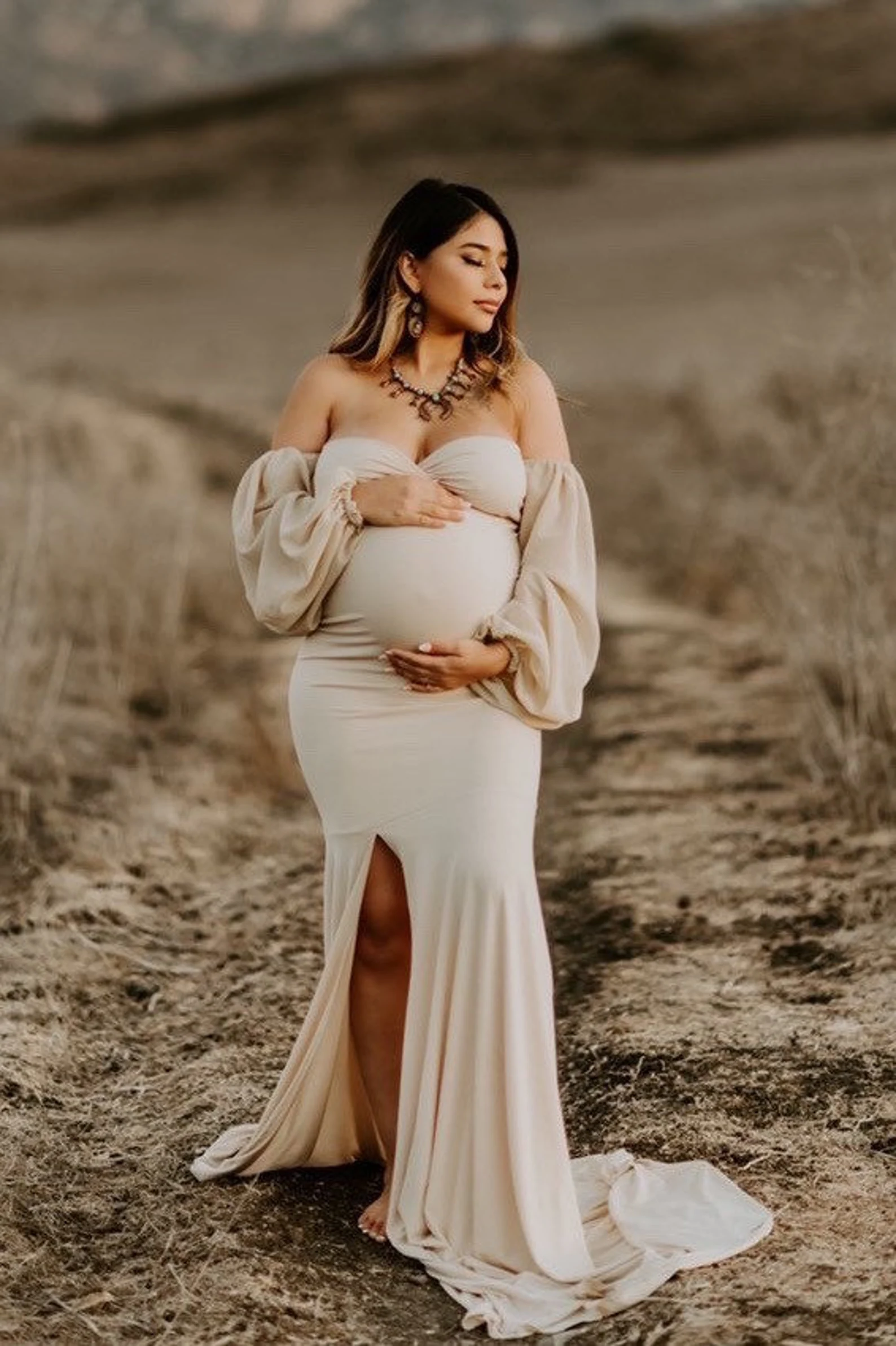 Lace Maternity Dress Long Sleeve V Neck Split Boho Beach Photoshoot  Pregnancy Gowns Baby Shower